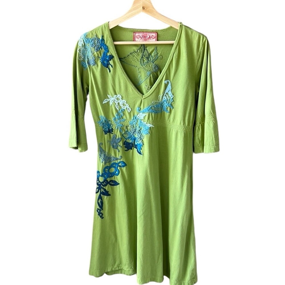 Johnny Was Lime Green Mini Dress with Blue Floral Embroidery